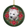 Westie Poinsetta Wreath Ceramic Ornament Christmas Tree Hanging Decorations for Home Christmas Holiday, Party, Gift, 3 in, Multicolor