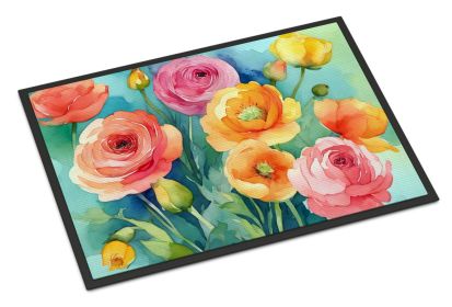 Ranunculus in Watercolor Doormat Front Door Mat Indoor Outdoor Rugs for Entryway, Non Slip Washable Low Pile, 24H X 36W