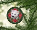 Westie Poinsetta Wreath Ceramic Ornament Christmas Tree Hanging Decorations for Home Christmas Holiday, Party, Gift, 3 in, Multicolor